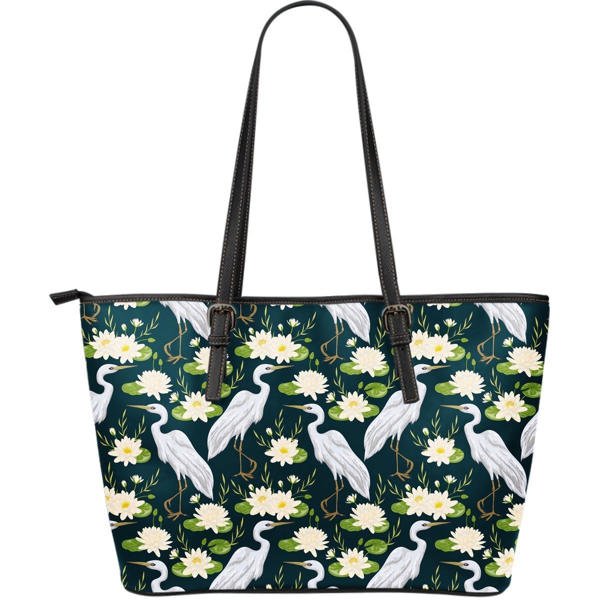 Heron Lotus Pattern Print Leather Tote Bag-grizzshop