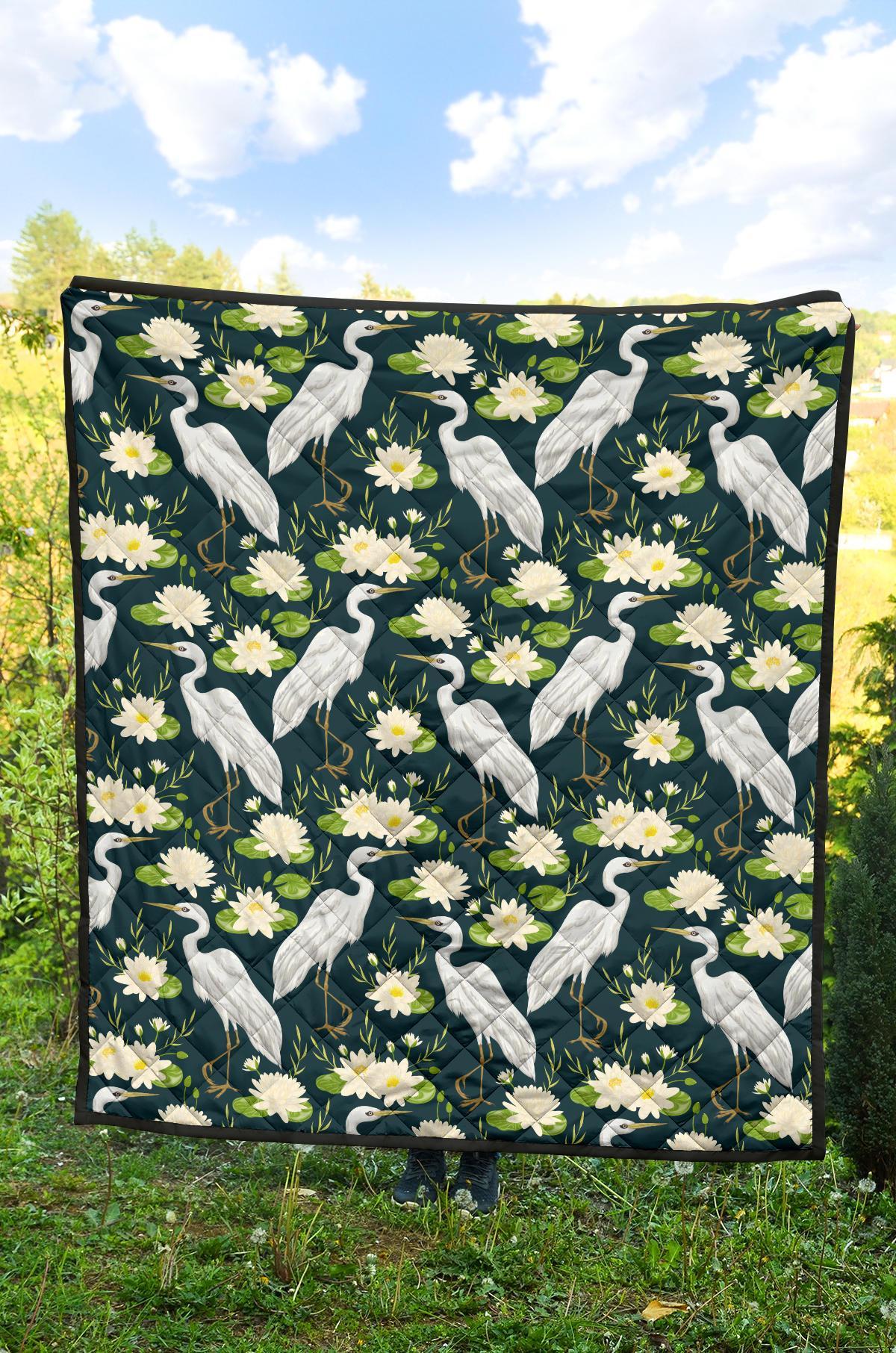 Heron Lotus Pattern Print Quilt-grizzshop
