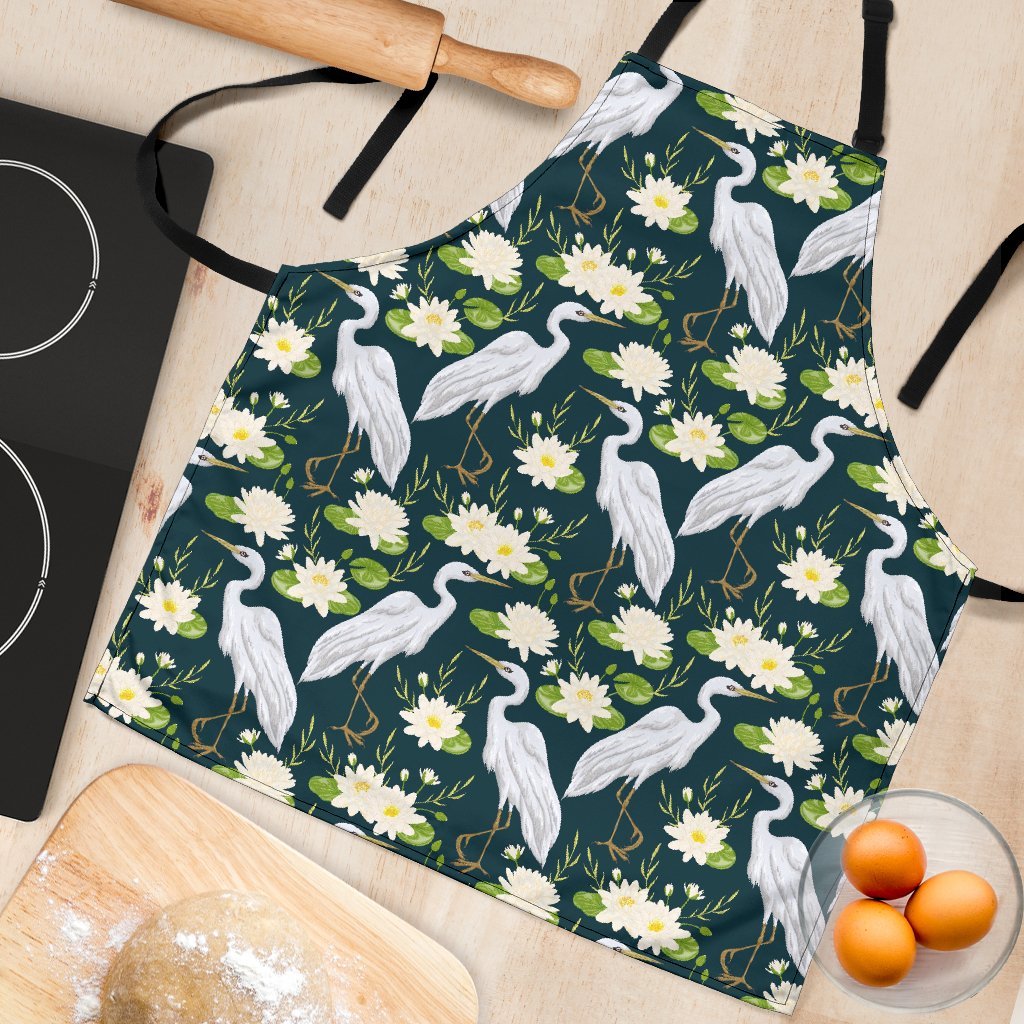 Heron Lotus Pattern Print Women's Apron-grizzshop