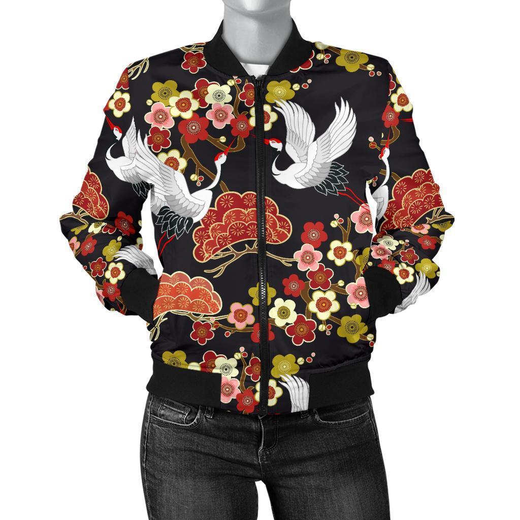 Heron Japanese Print Pattern Women Casual Bomber Jacket-grizzshop
