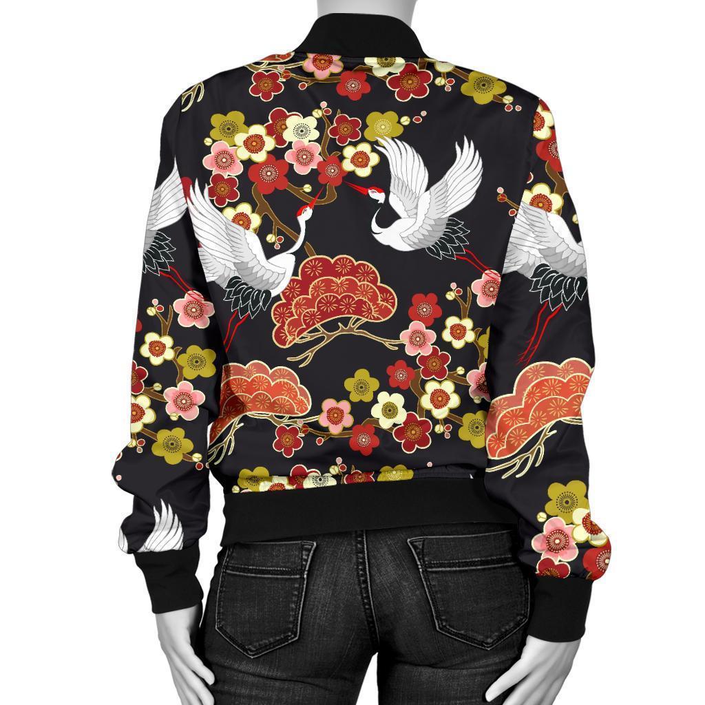 Heron Japanese Print Pattern Women Casual Bomber Jacket-grizzshop