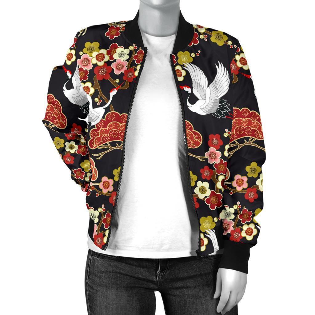 Heron Japanese Print Pattern Women Casual Bomber Jacket-grizzshop
