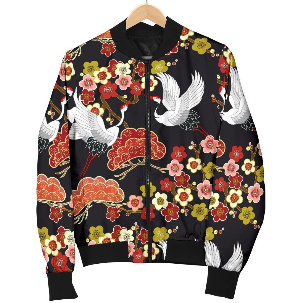 Heron Japanese Print Pattern Women Casual Bomber Jacket-grizzshop