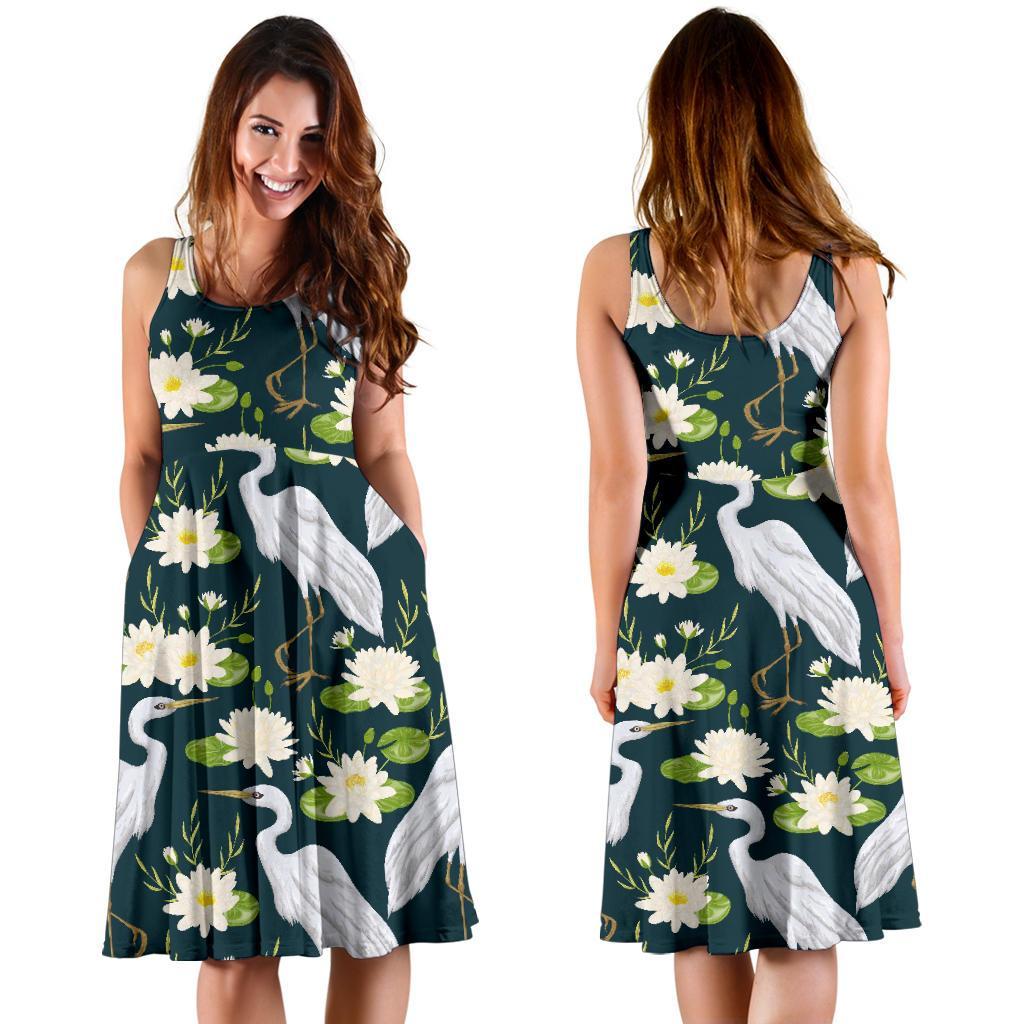 Heron Lotus Pattern Print Dress-grizzshop