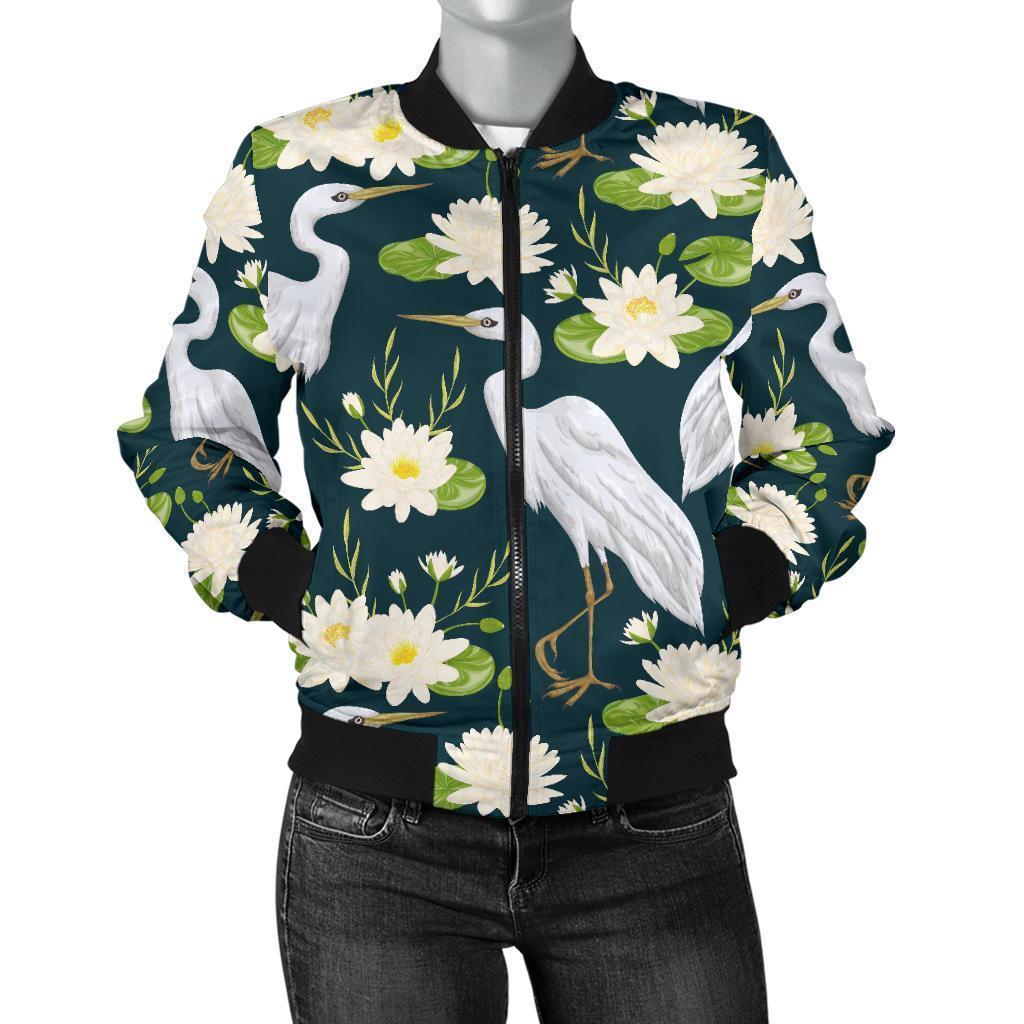 Heron Lotus Pattern Print Women Casual Bomber Jacket-grizzshop