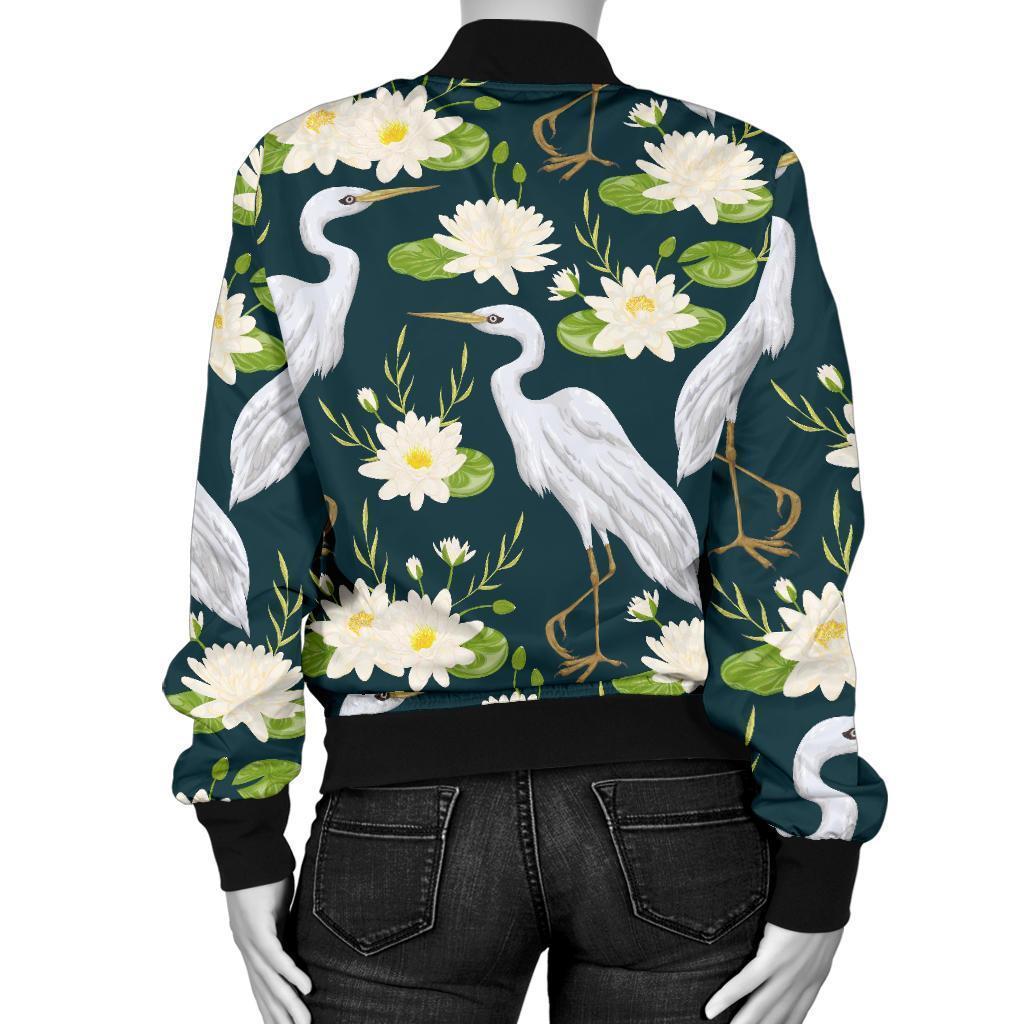 Heron Lotus Pattern Print Women Casual Bomber Jacket-grizzshop