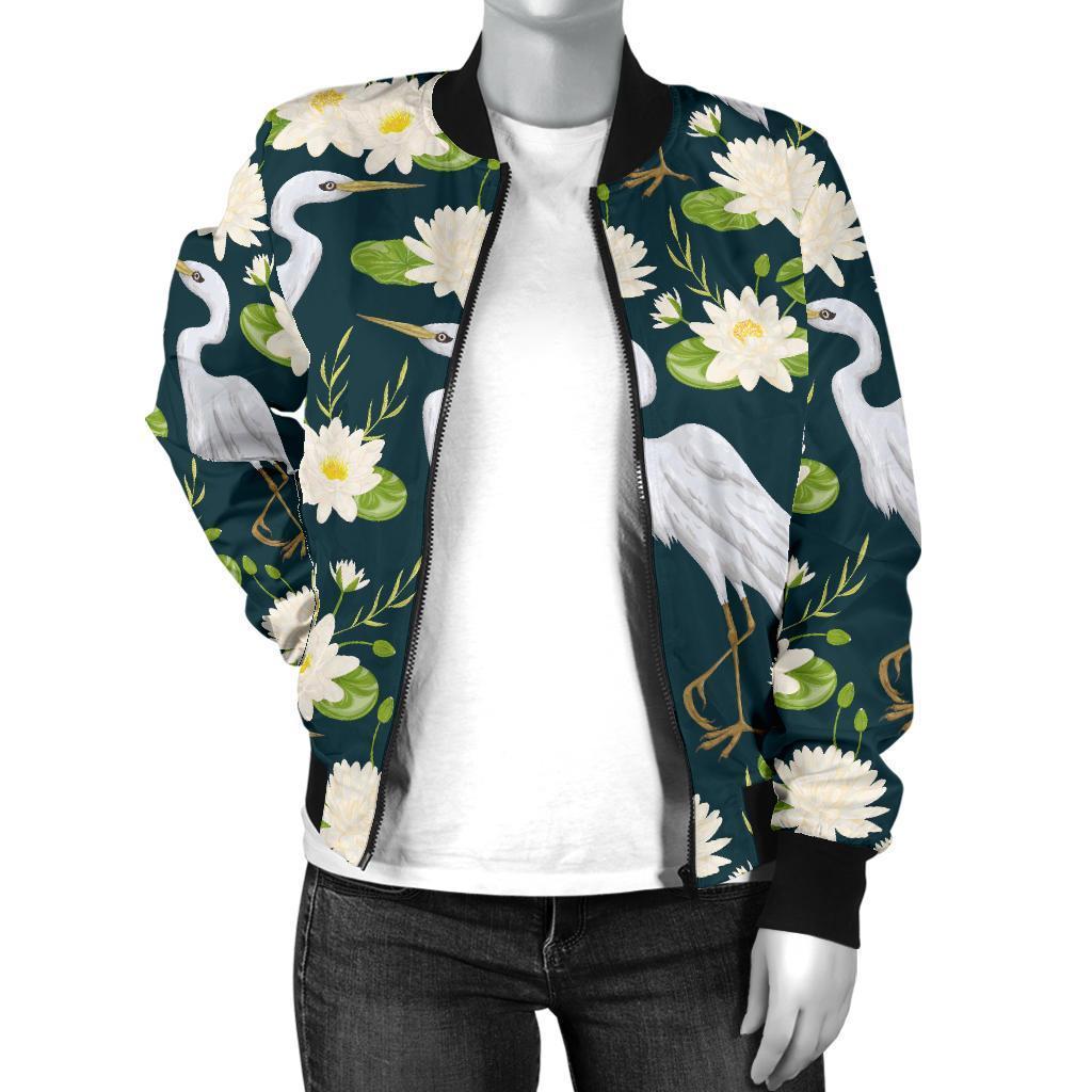 Heron Lotus Pattern Print Women Casual Bomber Jacket-grizzshop