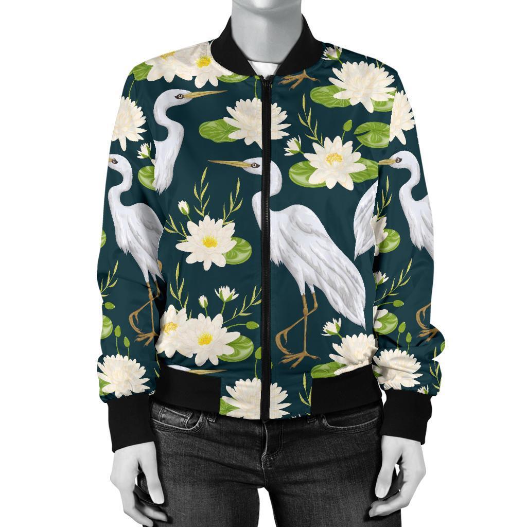 Heron Lotus Pattern Print Women Casual Bomber Jacket-grizzshop