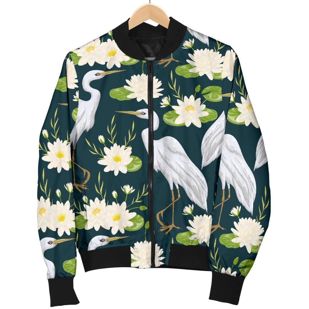 Heron Lotus Pattern Print Women Casual Bomber Jacket-grizzshop