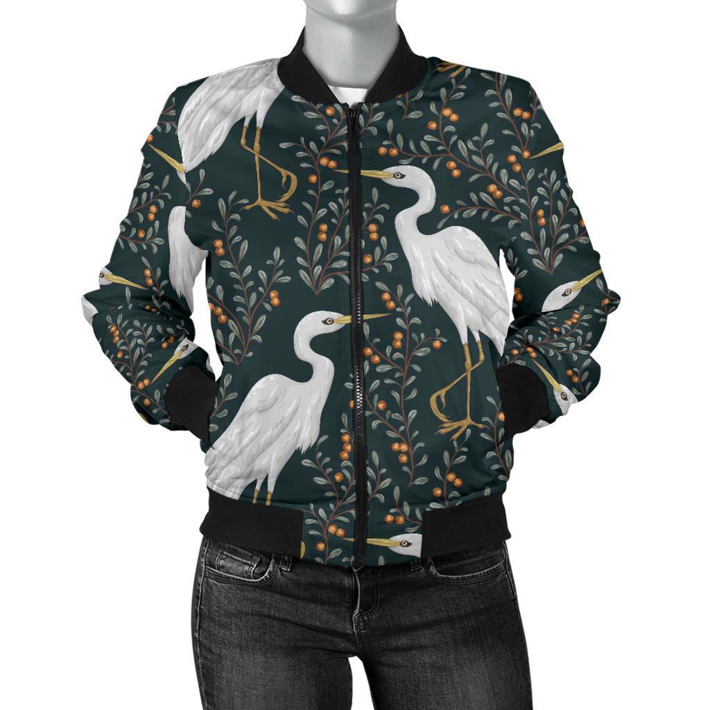 Heron Pattern Print Women Casual Bomber Jacket-grizzshop
