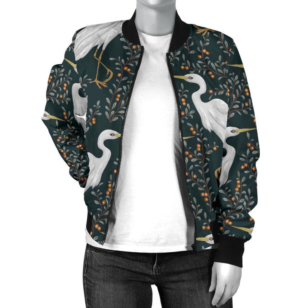 Heron Pattern Print Women Casual Bomber Jacket-grizzshop