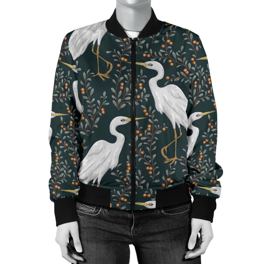 Heron Pattern Print Women Casual Bomber Jacket-grizzshop