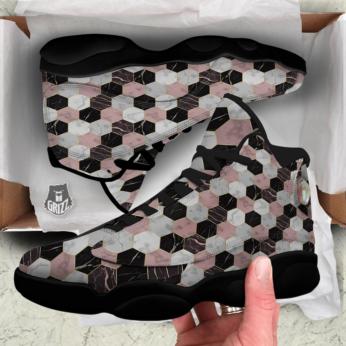 Hexagon Marble White Pink And Black Print Black Basketball Shoes-grizzshop