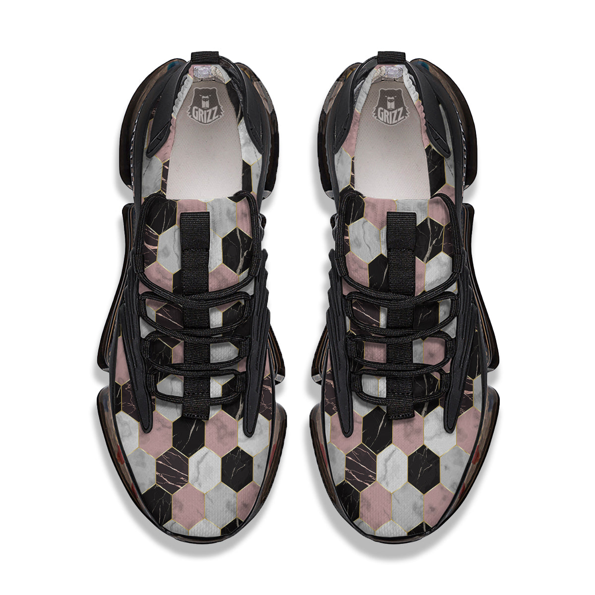 Hexagon Marble White Pink And Black Print Black Gym Shoes-grizzshop