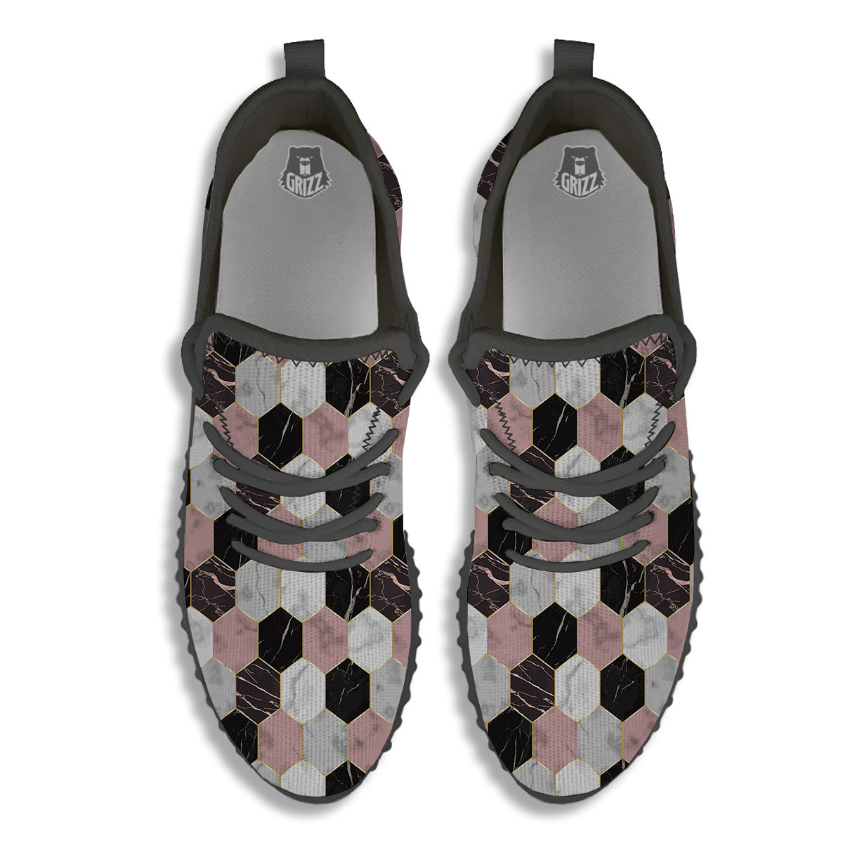 Hexagon Marble White Pink And Black Print Black Walking Shoes-grizzshop
