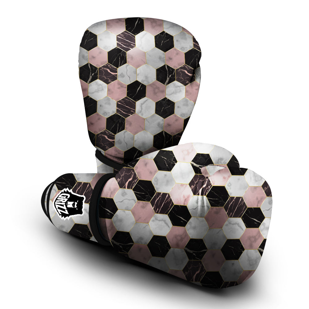 Hexagon Marble White Pink And Black Print Boxing Gloves-grizzshop