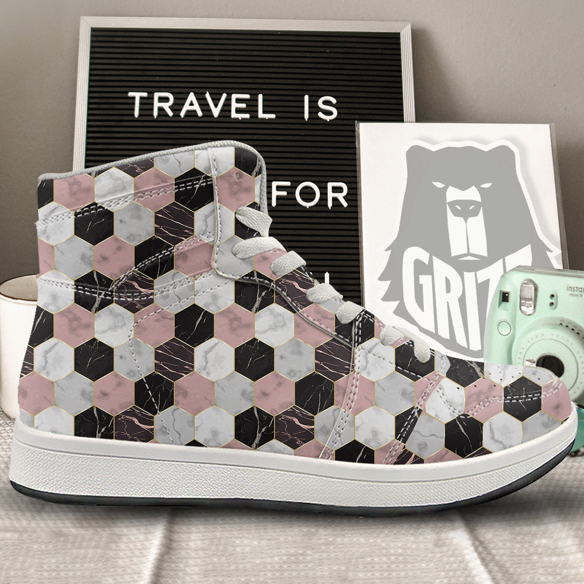 Hexagon Marble White Pink And Black Print High Top Sneakers-grizzshop