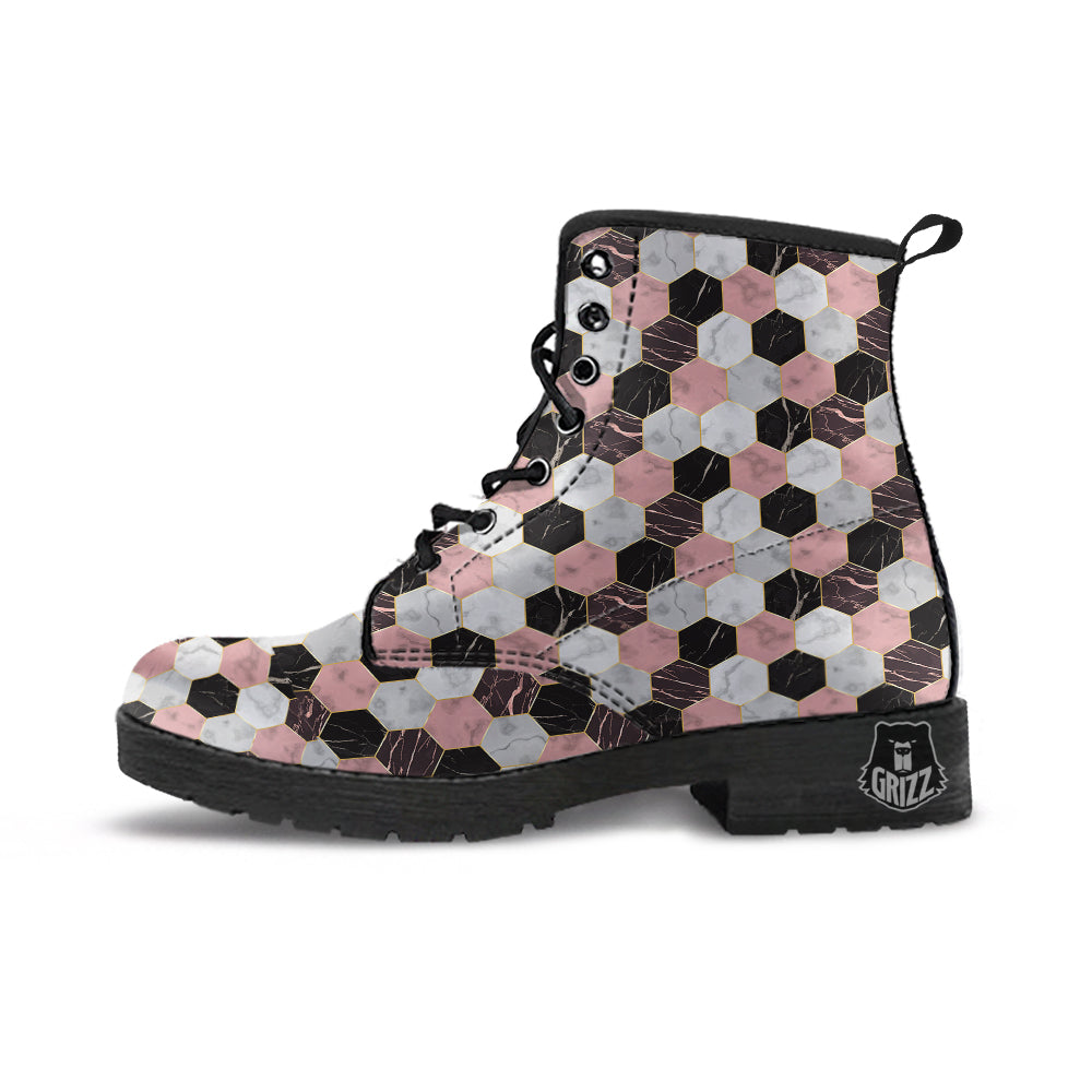 Hexagon Marble White Pink And Black Print Leather Boots-grizzshop