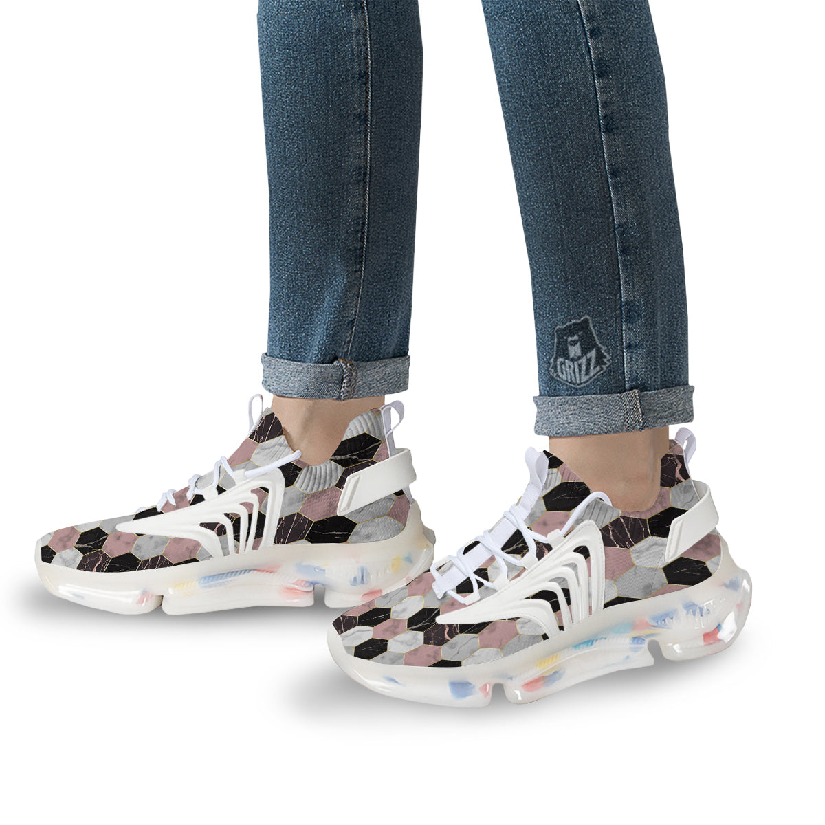 Hexagon Marble White Pink And Black Print White Gym Shoes-grizzshop