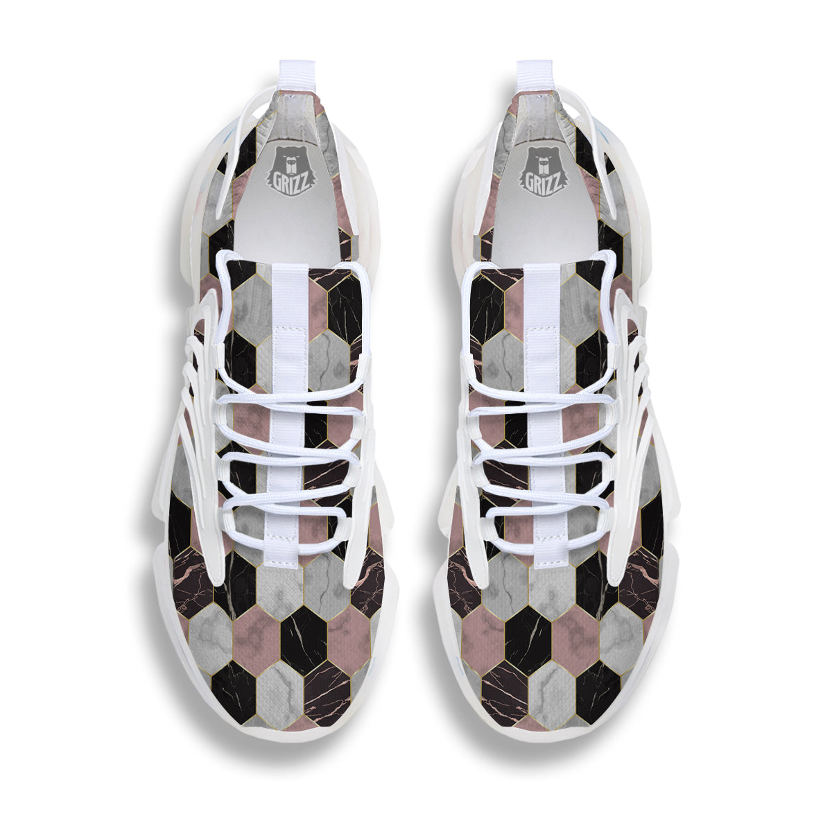Hexagon Marble White Pink And Black Print White Gym Shoes-grizzshop