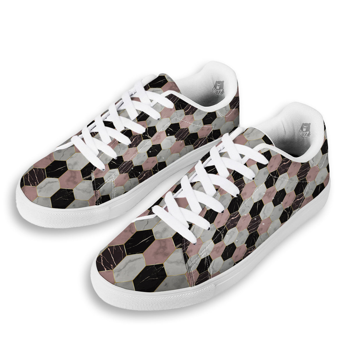 Hexagon Marble White Pink And Black Print White Low Top Sneakers-grizzshop