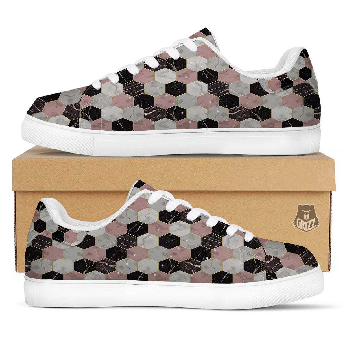 Hexagon Marble White Pink And Black Print White Low Top Sneakers-grizzshop