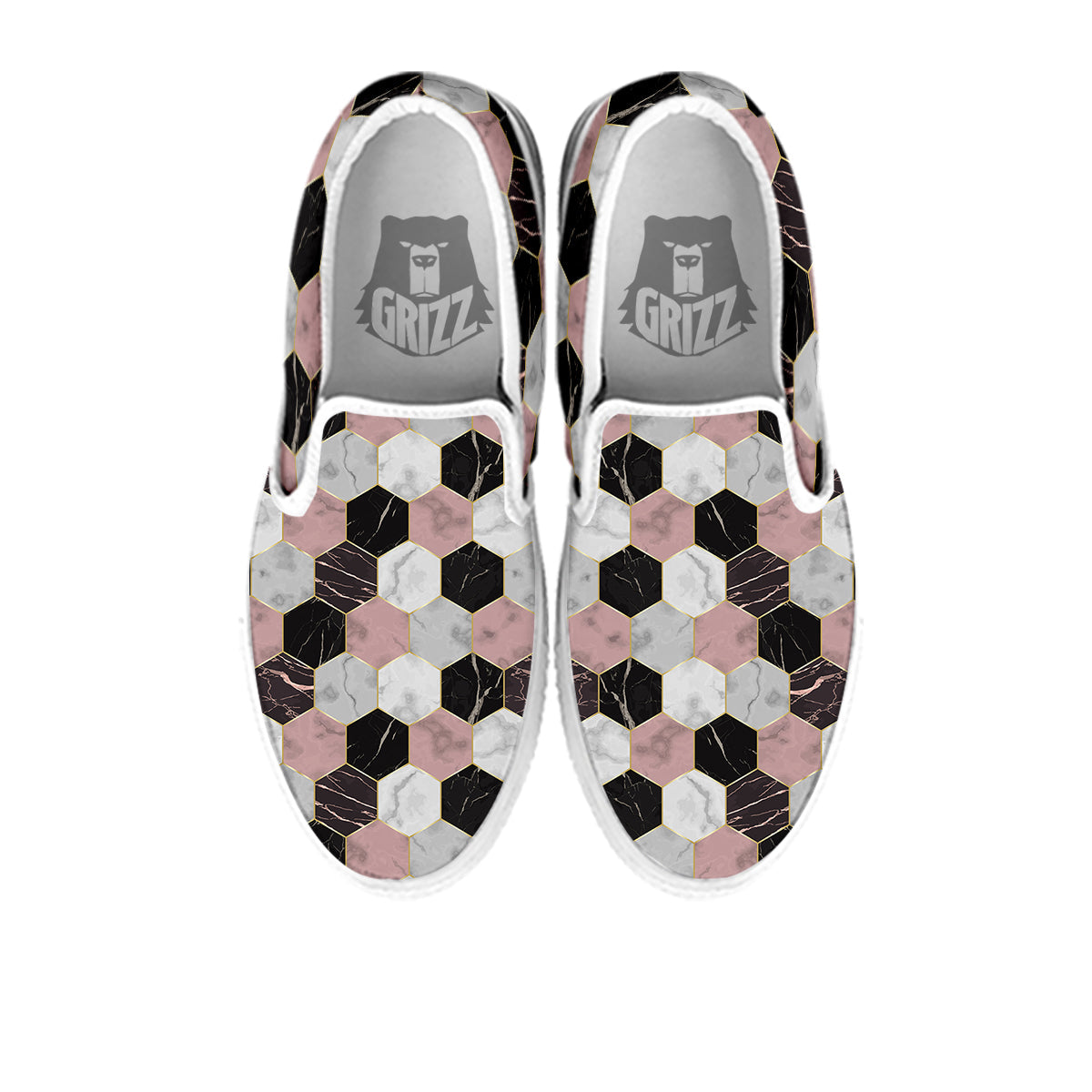 Hexagon Marble White Pink And Black Print White Slip On Shoes-grizzshop