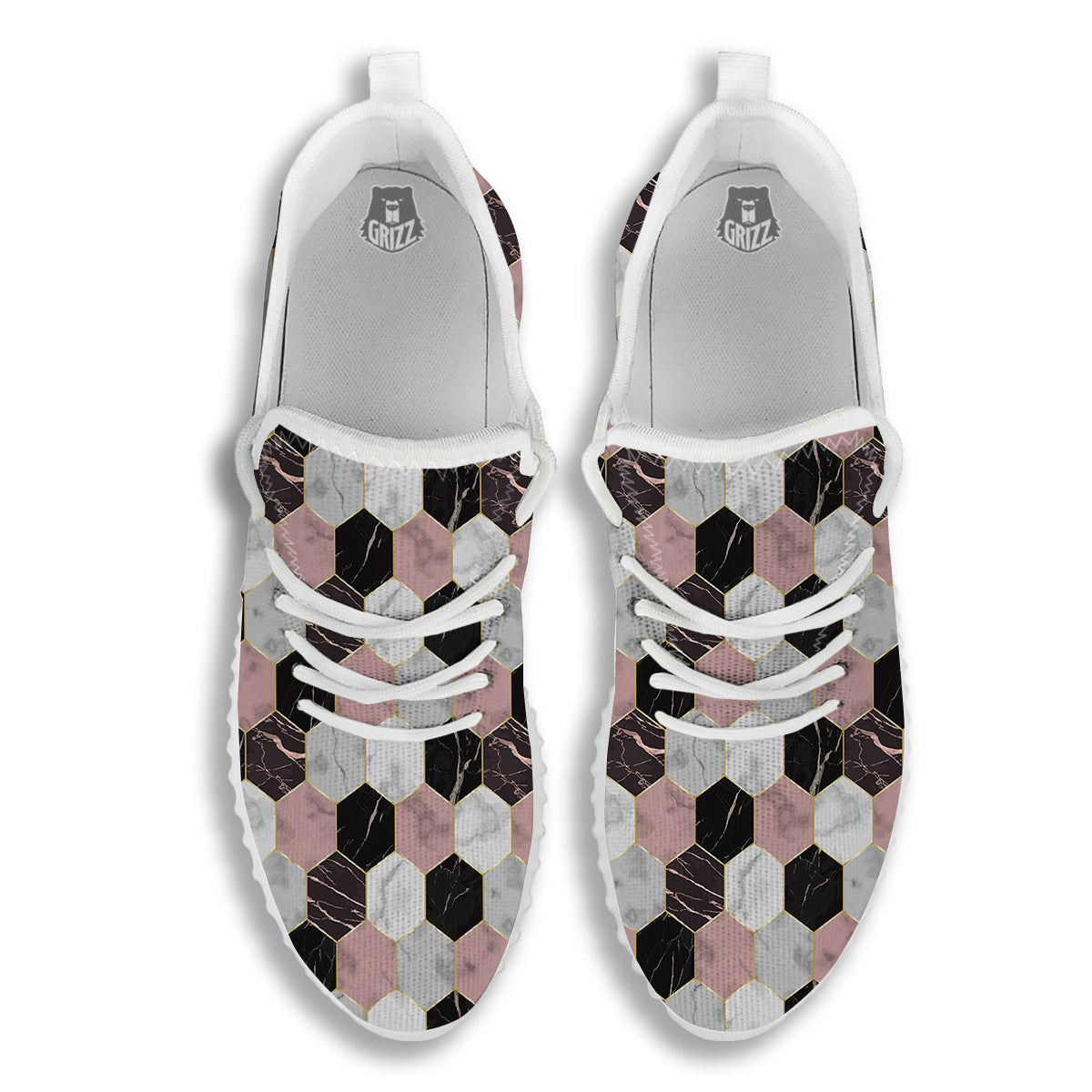 Hexagon Marble White Pink And Black Print White Walking Shoes-grizzshop