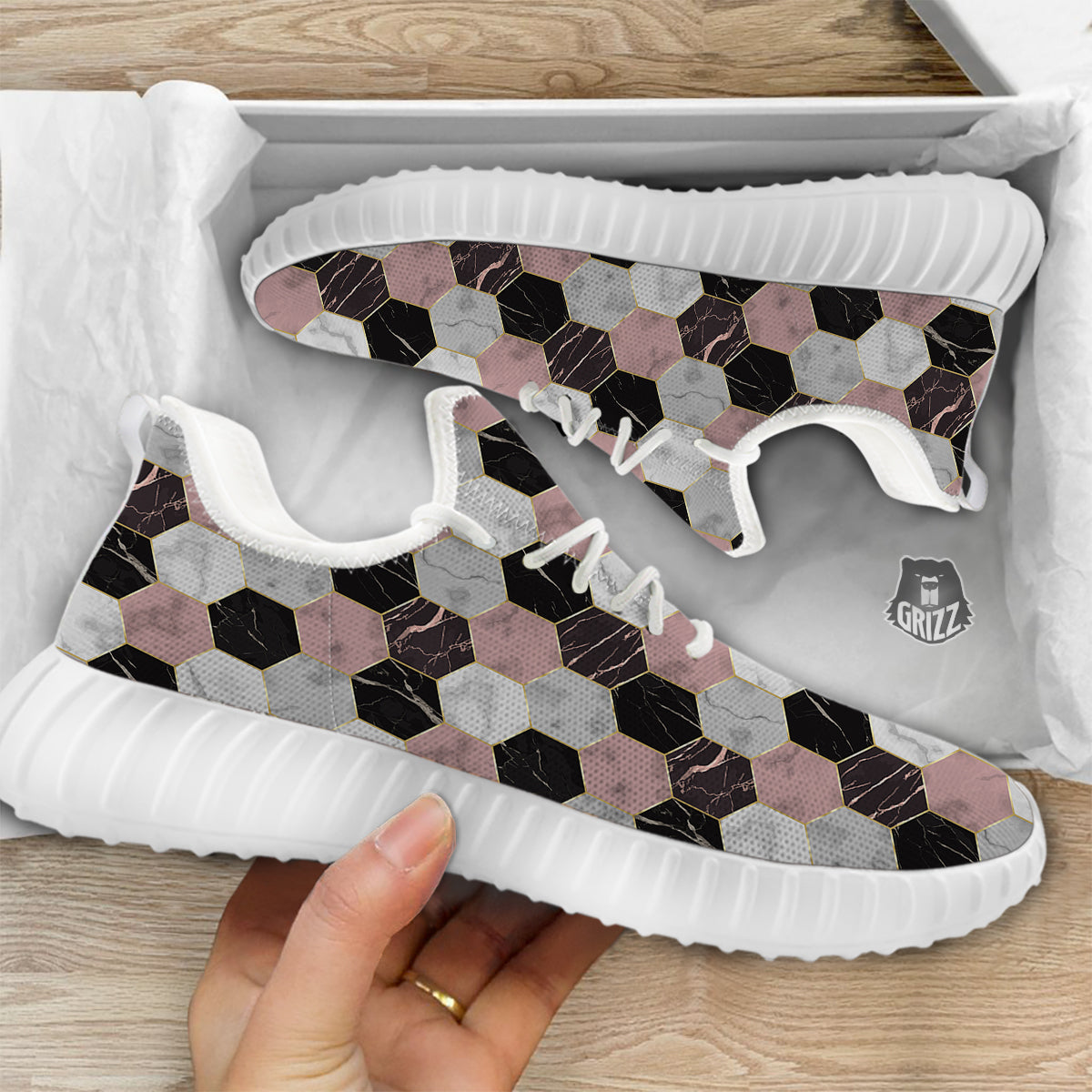 Hexagon Marble White Pink And Black Print White Walking Shoes-grizzshop