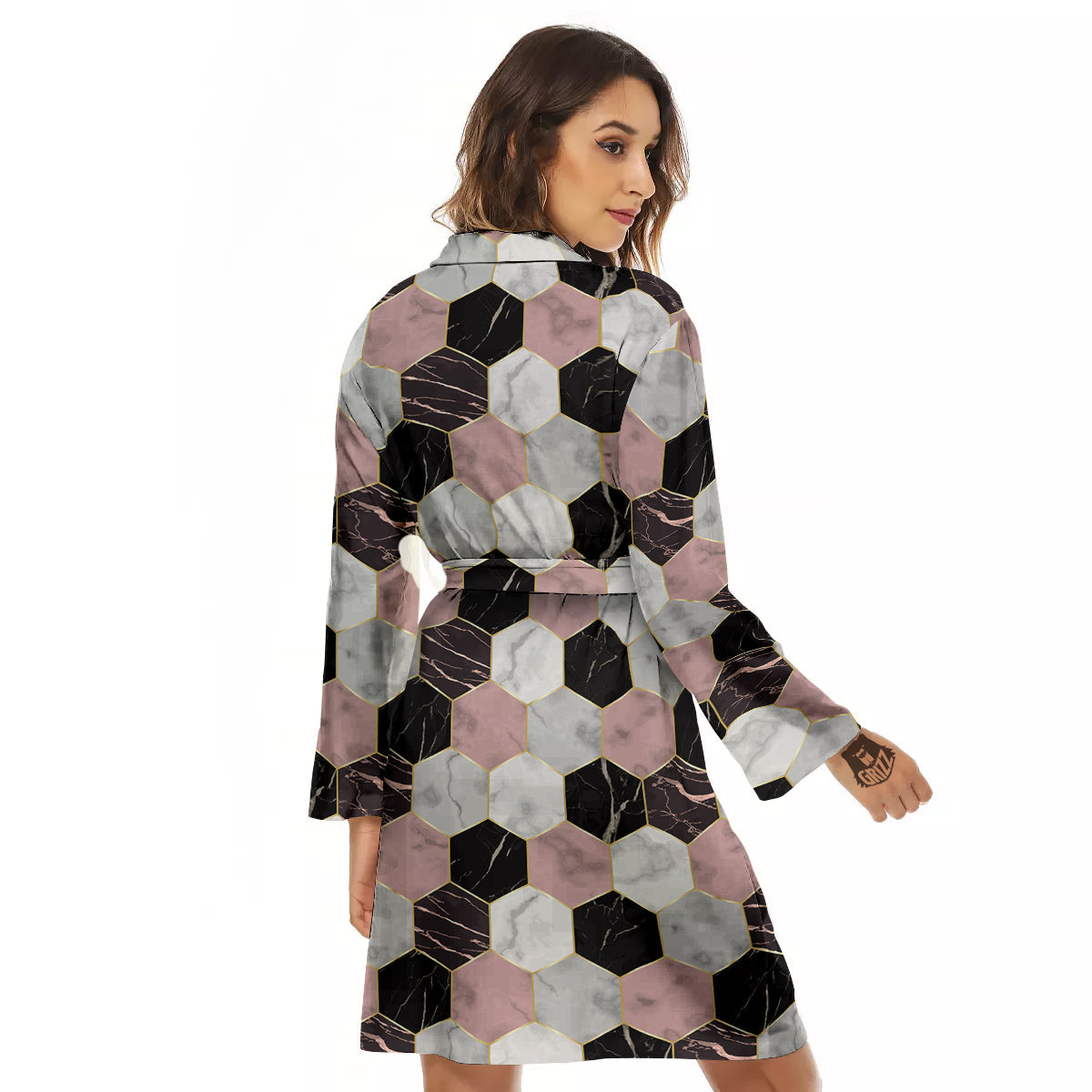 Hexagon Marble White Pink And Black Print Women's Robe-grizzshop