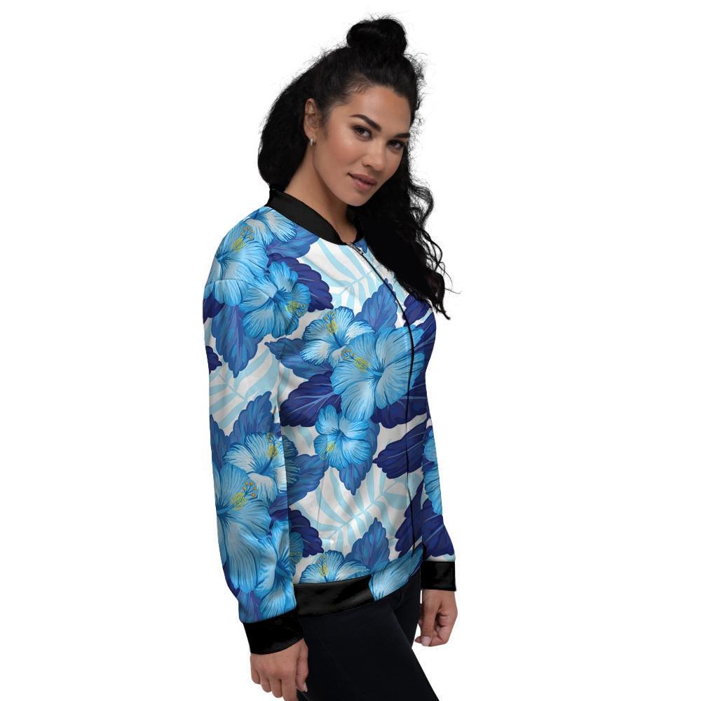 Hibiscus Blue Hawaiian Print Women's Bomber Jacket-grizzshop
