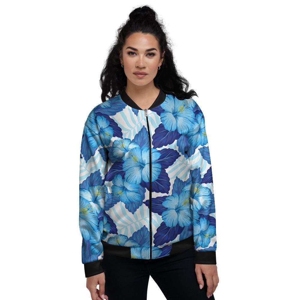 Hibiscus Blue Hawaiian Print Women's Bomber Jacket-grizzshop
