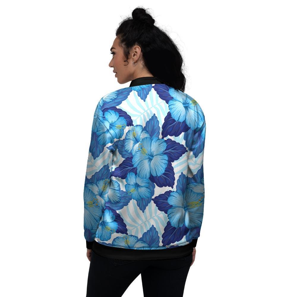 Hibiscus Blue Hawaiian Print Women's Bomber Jacket-grizzshop