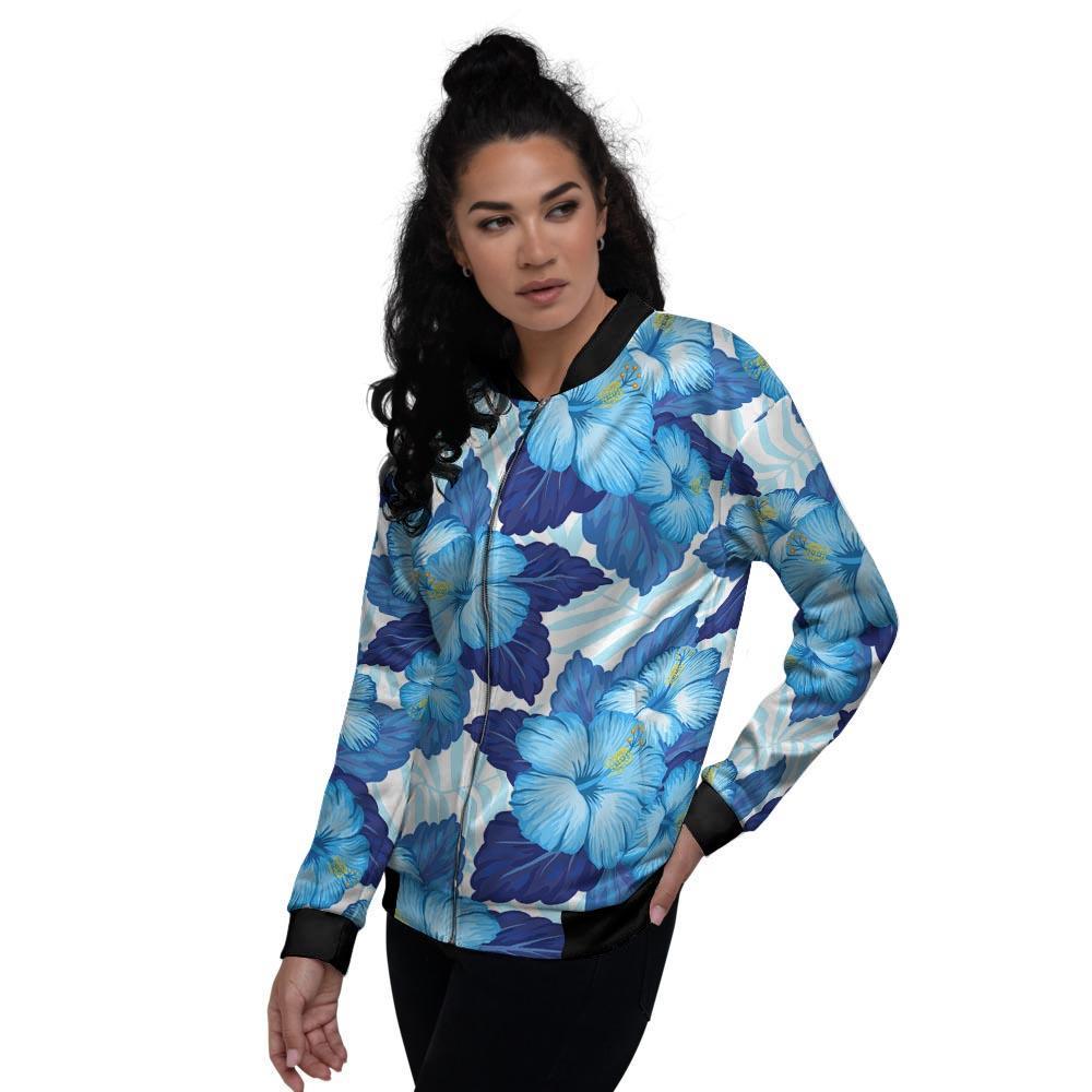 Hibiscus Blue Hawaiian Print Women's Bomber Jacket-grizzshop