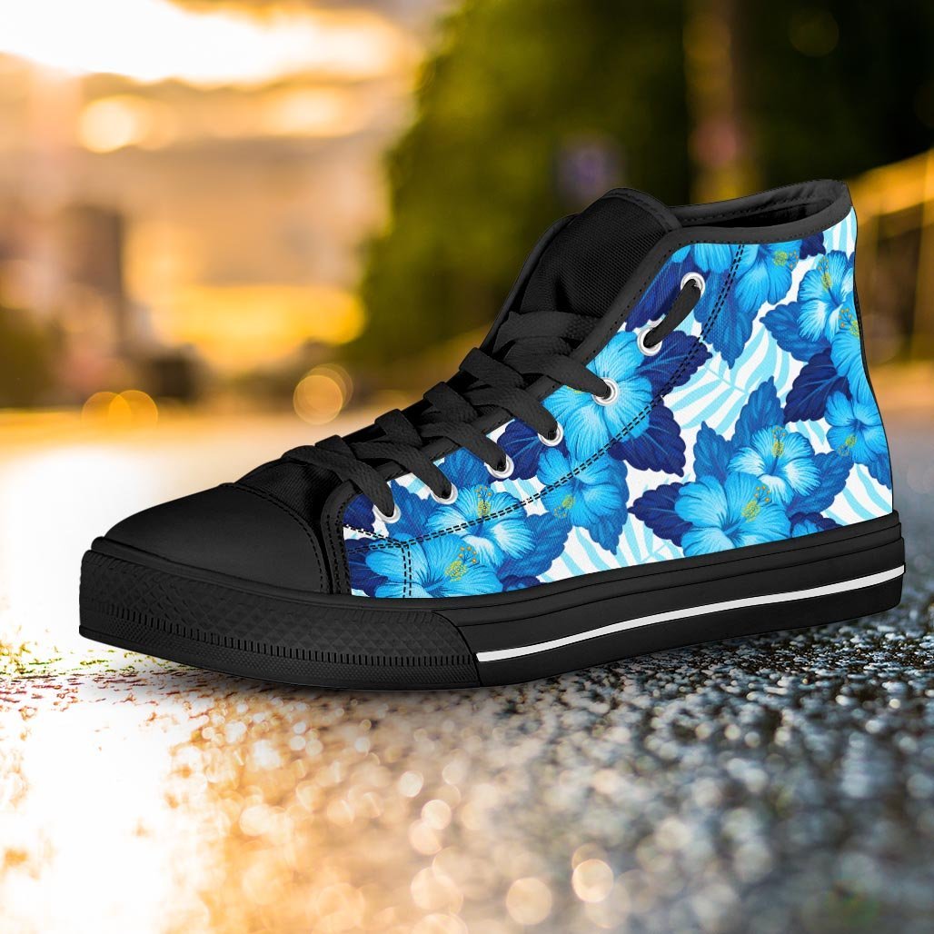 Hibiscus Blue Hawaiian Print Women's High Top Shoes-grizzshop