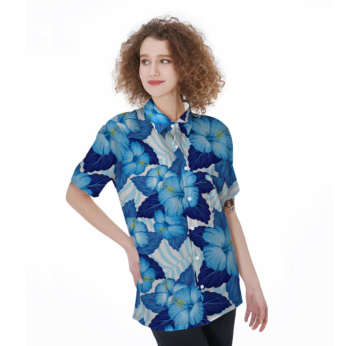 Hibiscus Blue Hawaiian Print Women's Short Sleeve Shirts-grizzshop