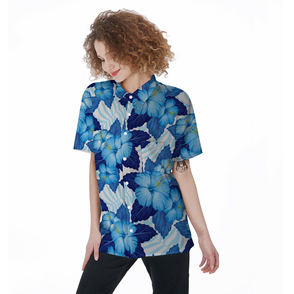 Hibiscus Blue Hawaiian Print Women's Short Sleeve Shirts-grizzshop