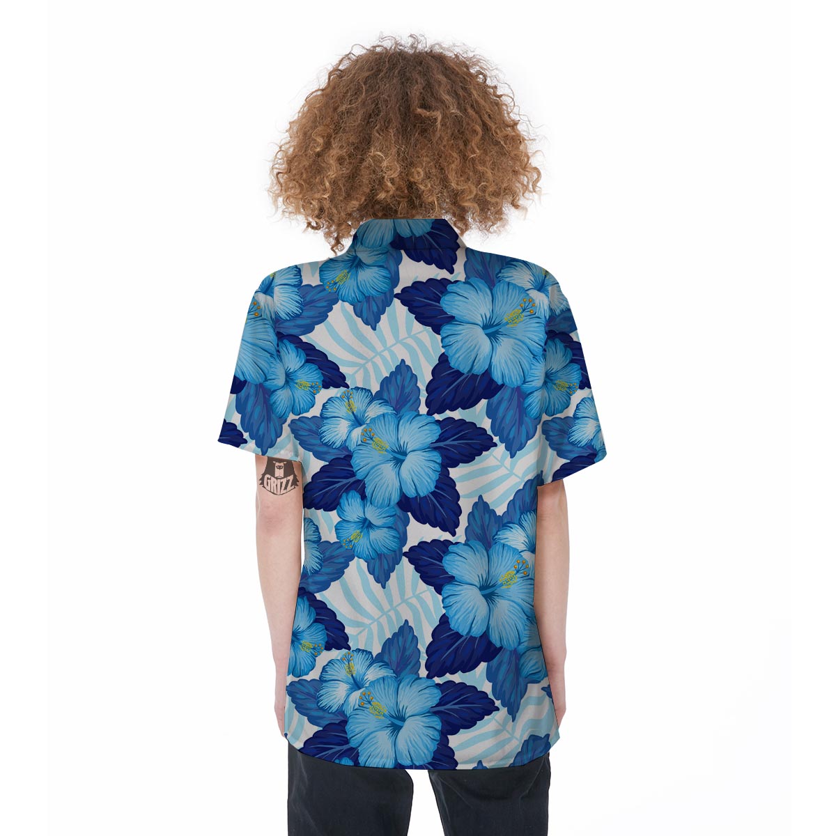 Hibiscus Blue Hawaiian Print Women's Short Sleeve Shirts-grizzshop