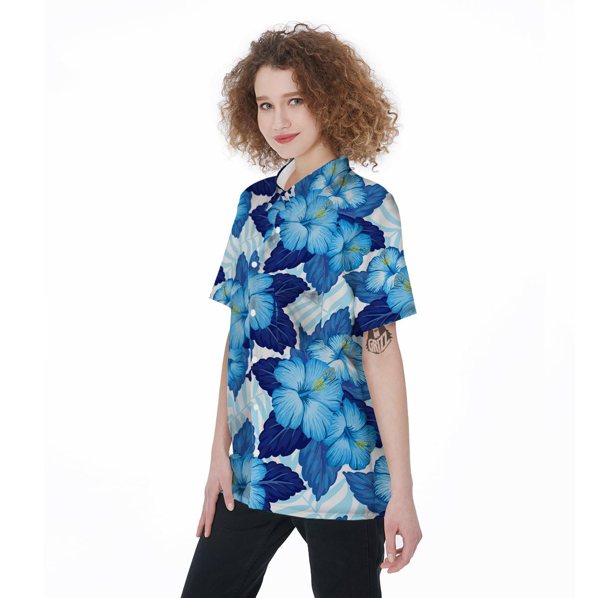 Hibiscus Blue Hawaiian Print Women's Short Sleeve Shirts-grizzshop