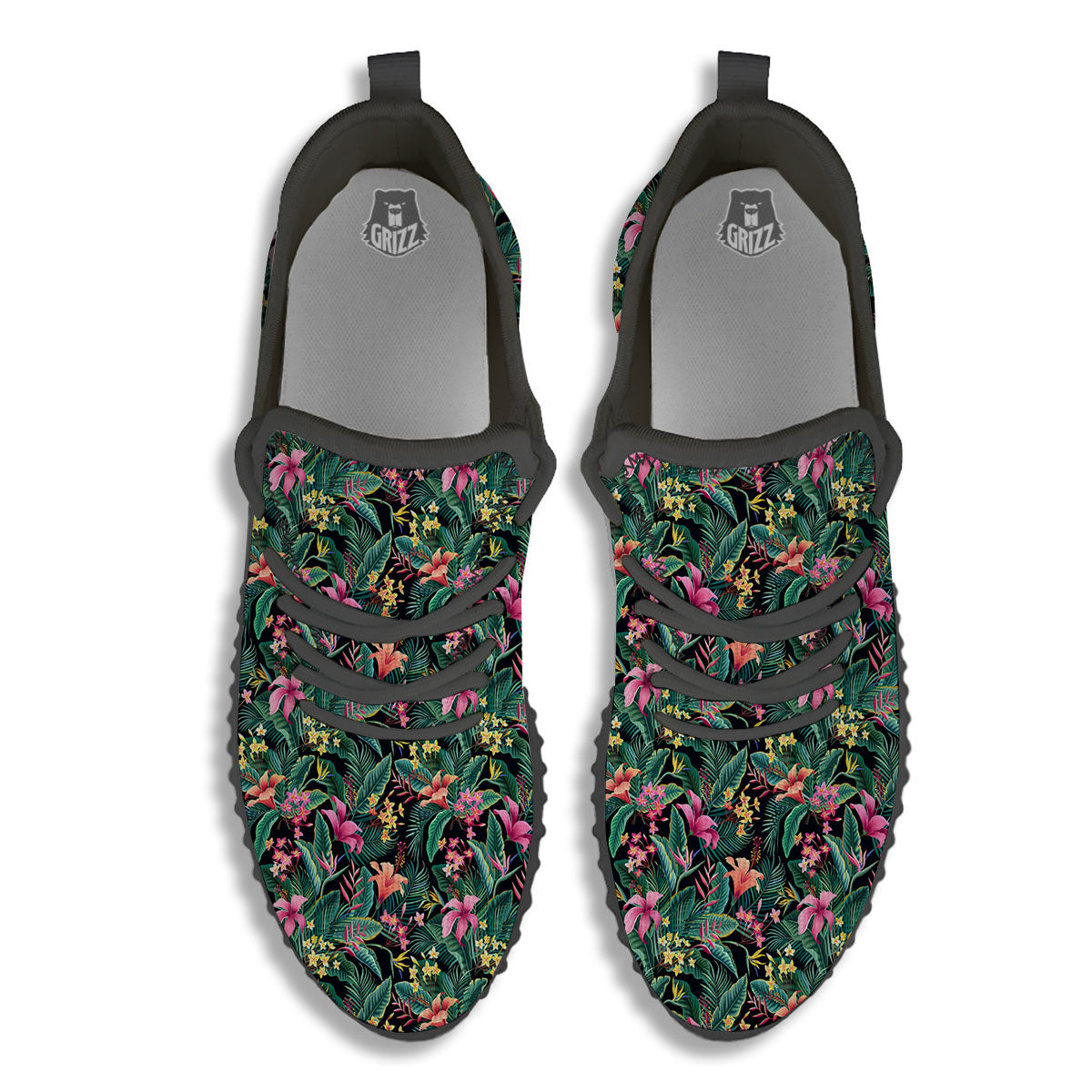 Hibiscus Exotic Tropical Print Pattern Black Walking Shoes-grizzshop