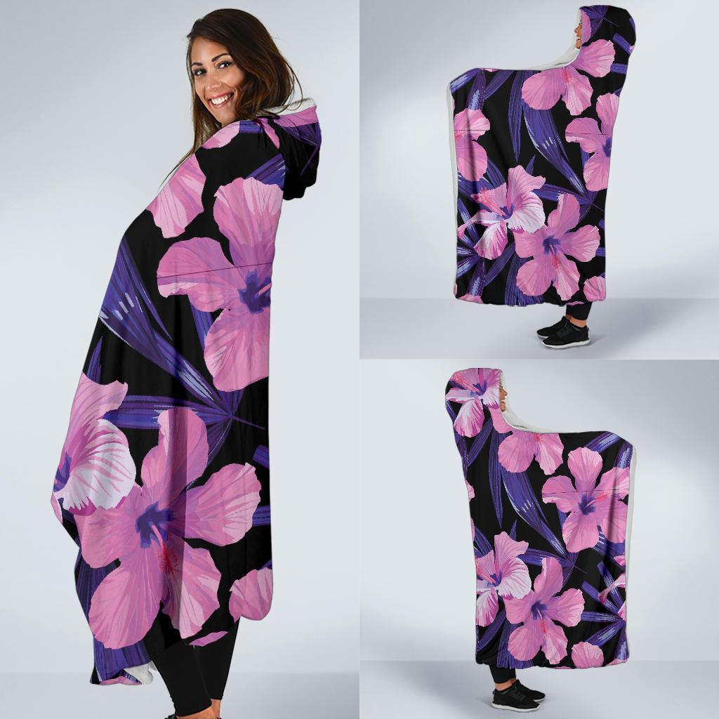 Hibiscus Floral Tropical Hawaiian Flower Palm Leaves Pattern Print Hooded Blanket-grizzshop