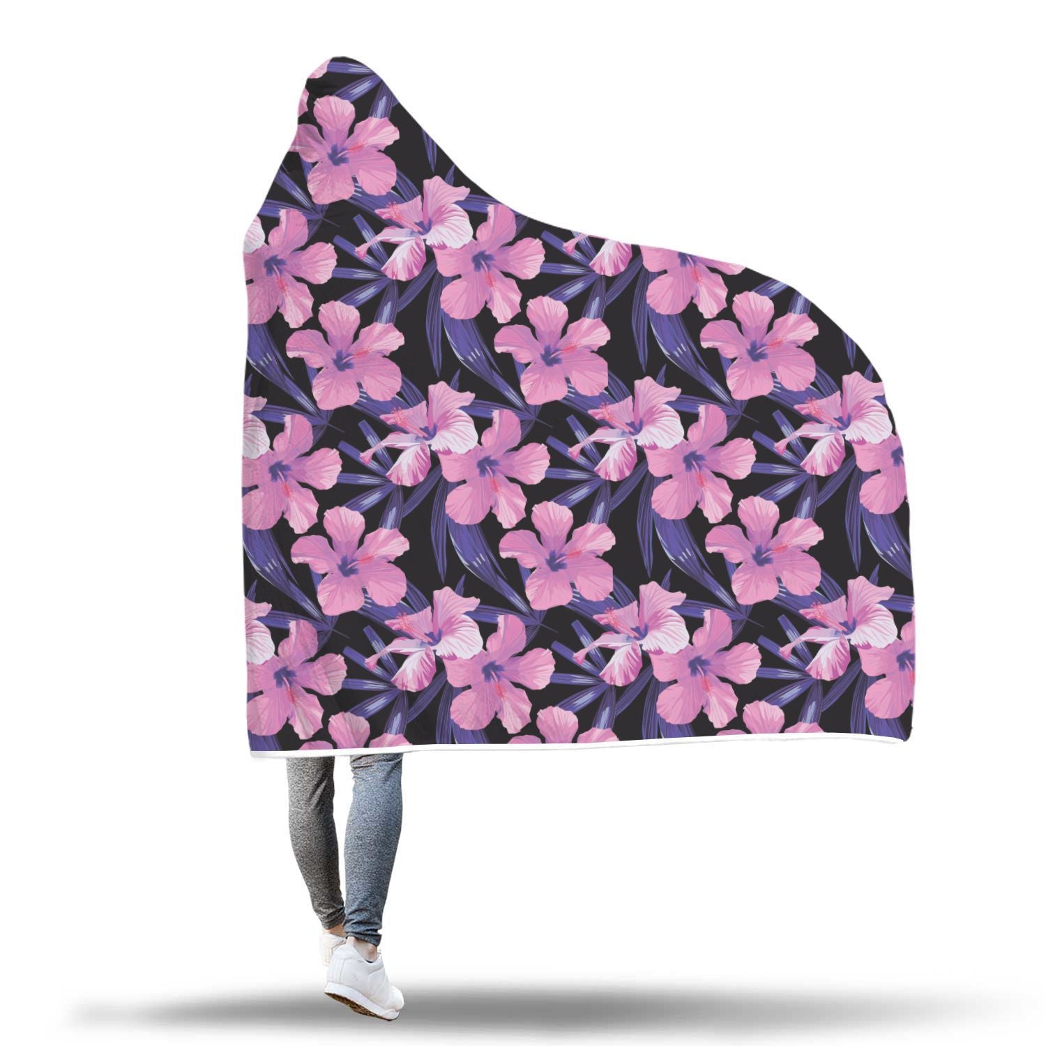 Hibiscus Floral Tropical Hawaiian Flower Palm Leaves Pattern Print Hooded Blanket-grizzshop