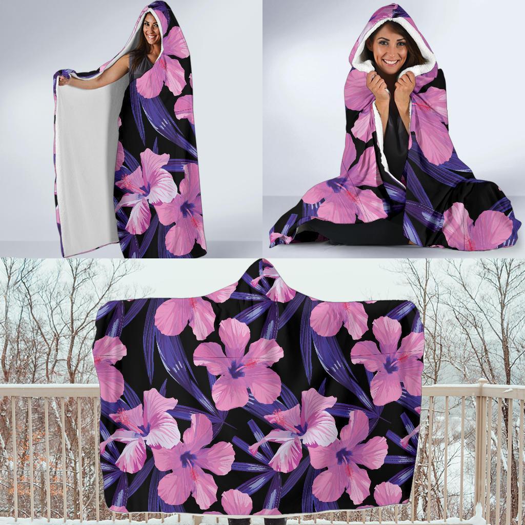 Hibiscus Floral Tropical Hawaiian Flower Palm Leaves Pattern Print Hooded Blanket-grizzshop