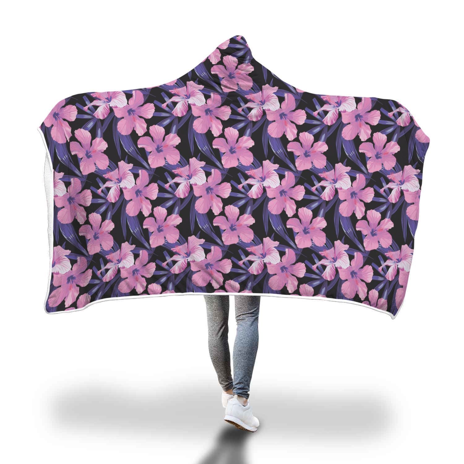 Hibiscus Floral Tropical Hawaiian Flower Palm Leaves Pattern Print Hooded Blanket-grizzshop