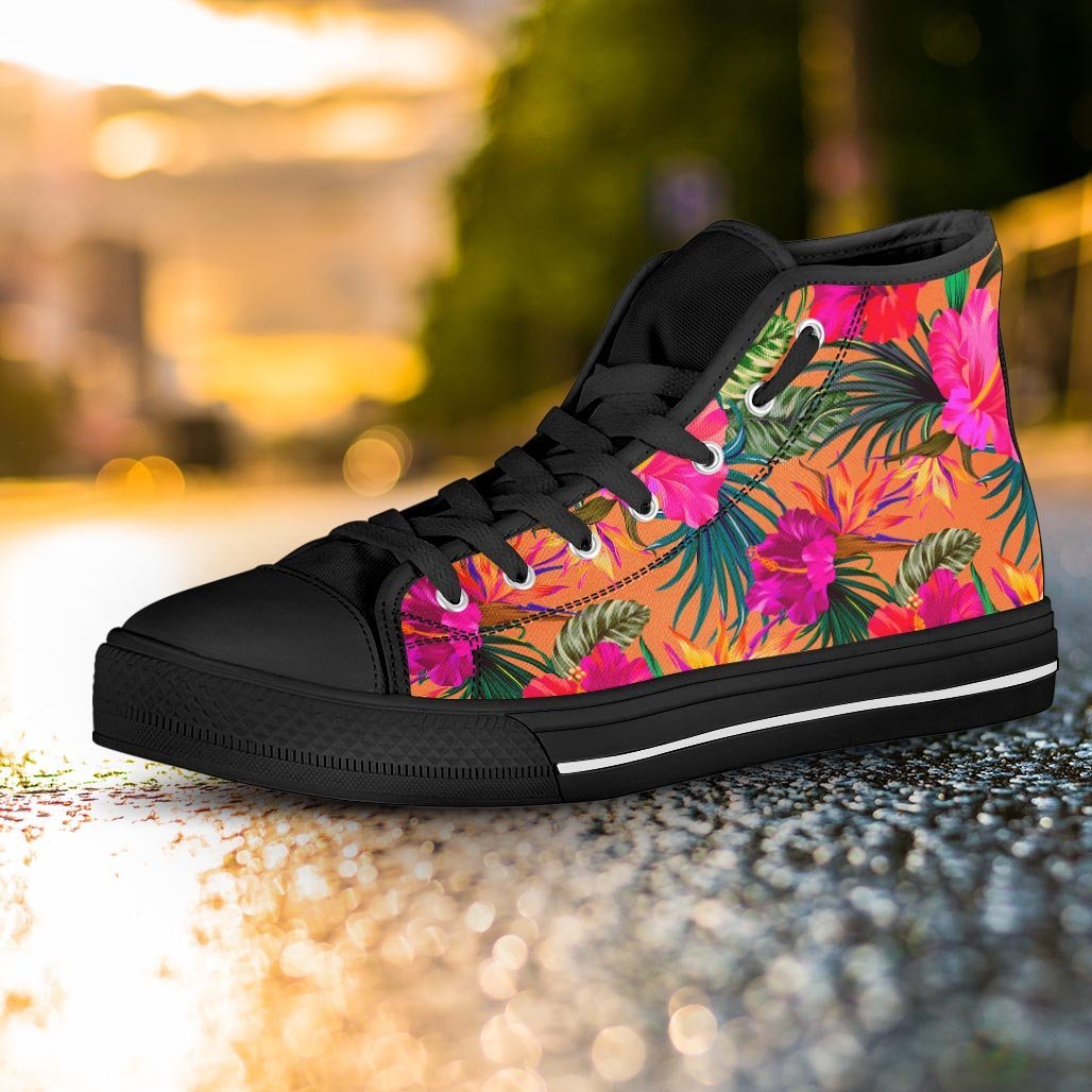 Hibiscus Flower Hawaiian Yellow Print Women's High Top Shoes-grizzshop