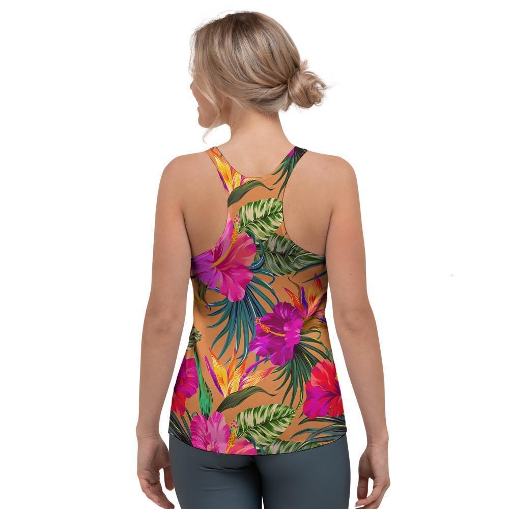 Hibiscus Flower Hawaiian Yellow Print Women's Racerback Tank Top-grizzshop