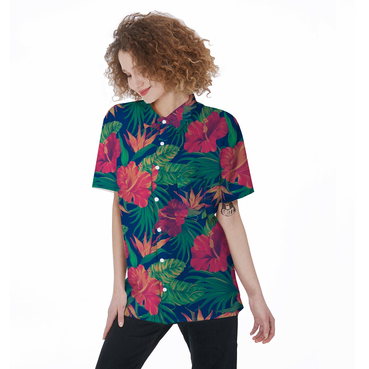 Hibiscus Hawaiian Flower Print Women's Short Sleeve Shirts-grizzshop