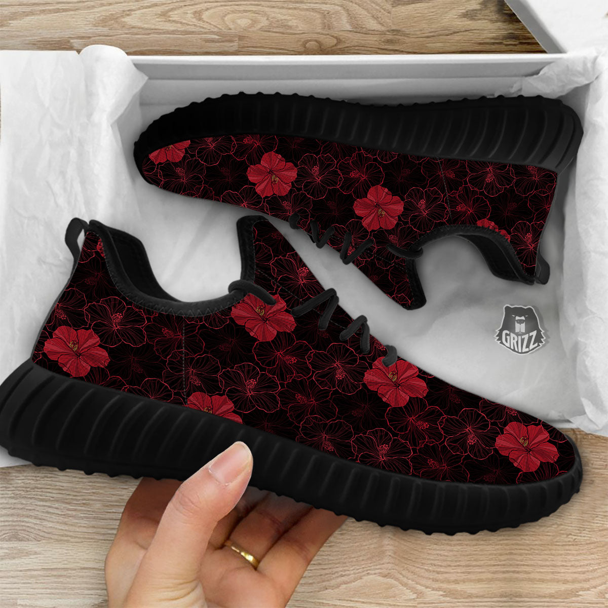 Hibiscus Red And Black Print Pattern Black Walking Shoes-grizzshop