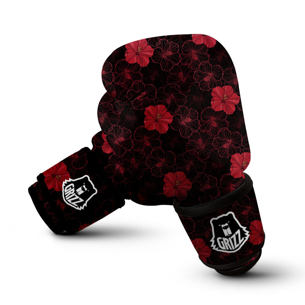 Hibiscus Red And Black Print Pattern Boxing Gloves-grizzshop
