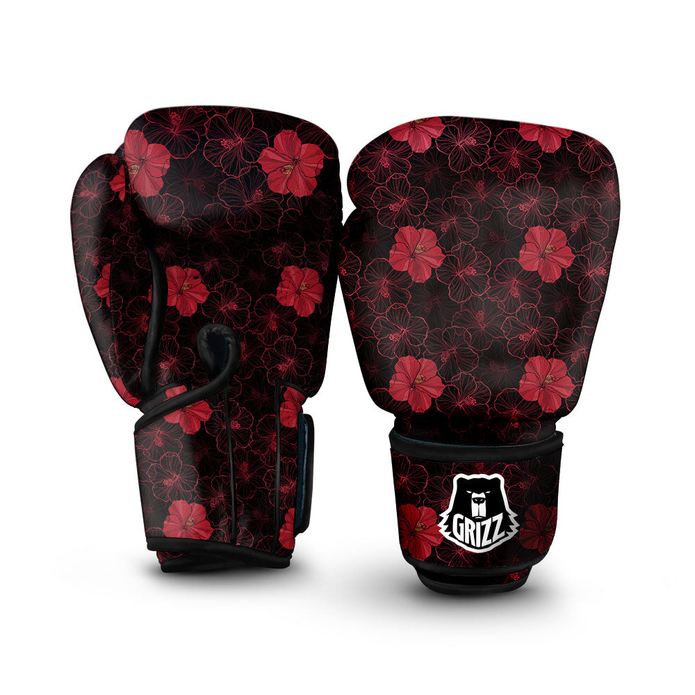 Hibiscus Red And Black Print Pattern Boxing Gloves-grizzshop